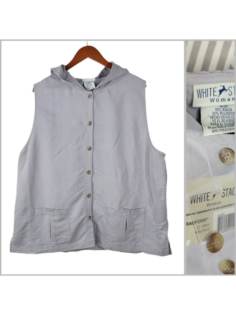 NEW Vintage Y2K Hooded Vest Plus Size 18/20 2X Grey Gray Button Up Lagenlook